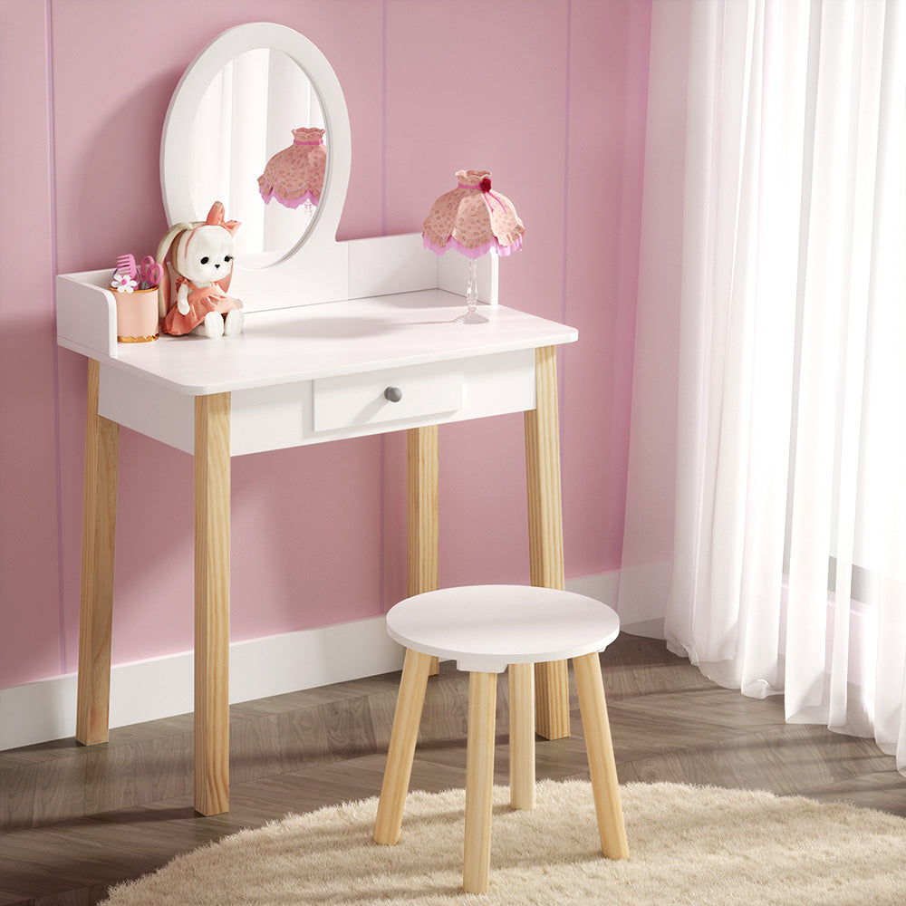 Kids Dressing Table Chair Set Wooden Leg Vanity