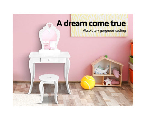 White Kids Vanity Dressing Table Stool Set Mirror Princess Children Makeup - SM Everyday Living