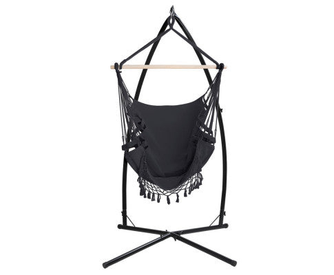 Hammock Chair with Steel Stand Tassel Hanging Rope Hammock Grey - SM Everyday Living