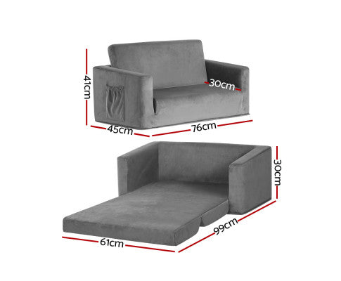 Convertible Sofa 2 Seater Children Flip Open Couch Lounger Grey - SM Everyday Living