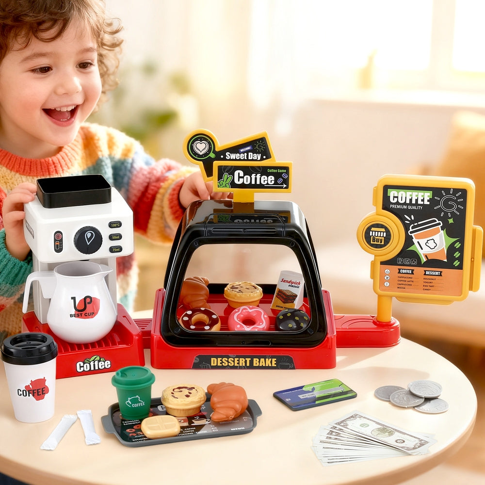 Keezi Kids Pretend Role Play Toy Coffee Shop with Coffee Maker Machine Play Money Food Tea Party Set - SM Everyday Living