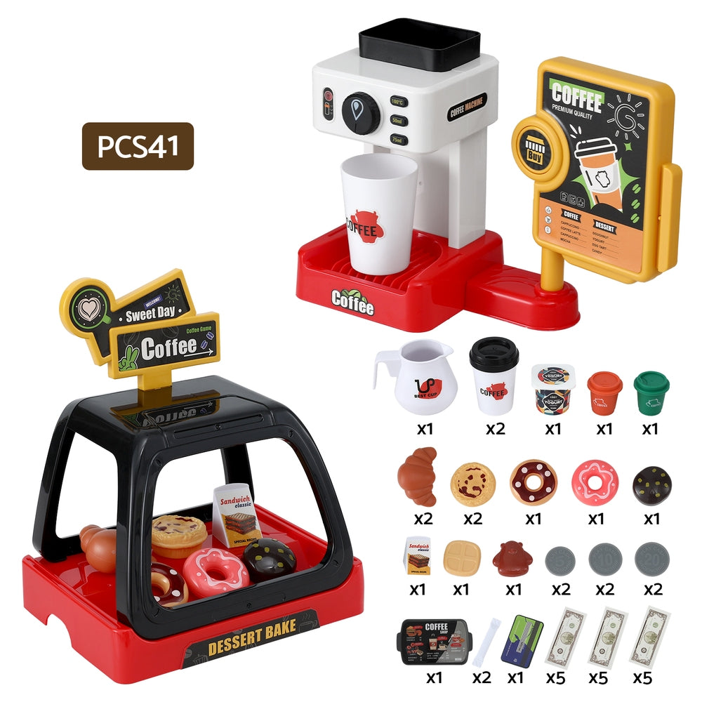 Keezi Kids Pretend Role Play Toy Coffee Shop with Coffee Maker Machine Play Money Food Tea Party Set - SM Everyday Living