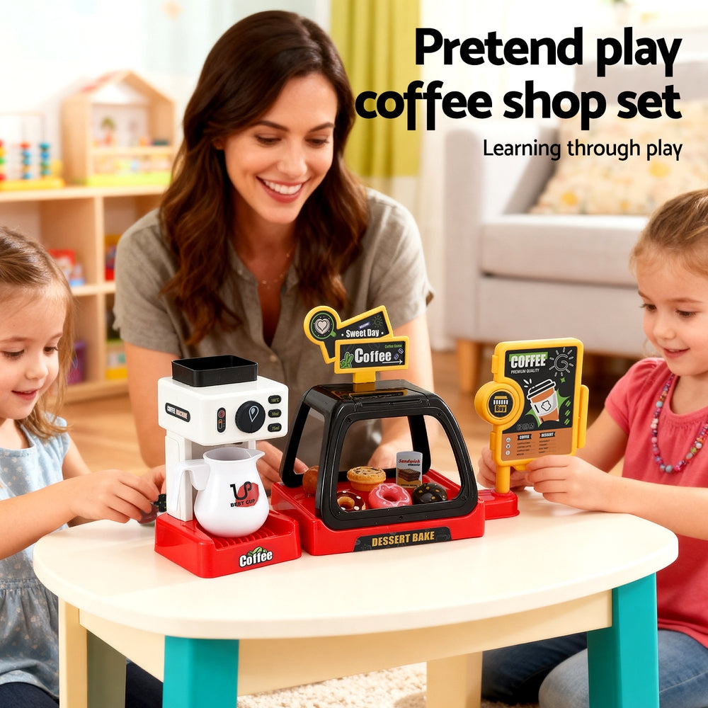 Keezi Kids Pretend Role Play Toy Coffee Shop with Coffee Maker Machine Play Money Food Tea Party Set - SM Everyday Living