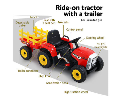 Ride On Car Tractor Trailer Toy Kids Electric Cars 12V Battery Red - SM Everyday Living