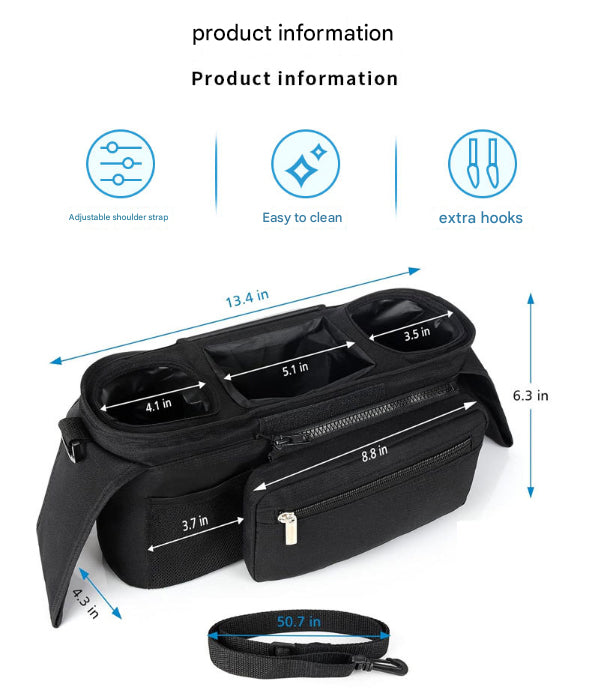 Black and Gray Stitching Universal Stroller Organiser Caddy with Insulated Cup Holders and Detachable Wristlet