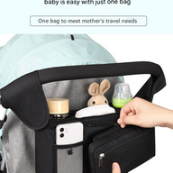 Black and Gray Stitching Universal Stroller Organiser Caddy with Insulated Cup Holders and Detachable Wristlet