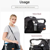 Black and Gray Stitching Universal Stroller Organiser Caddy with Insulated Cup Holders and Detachable Wristlet