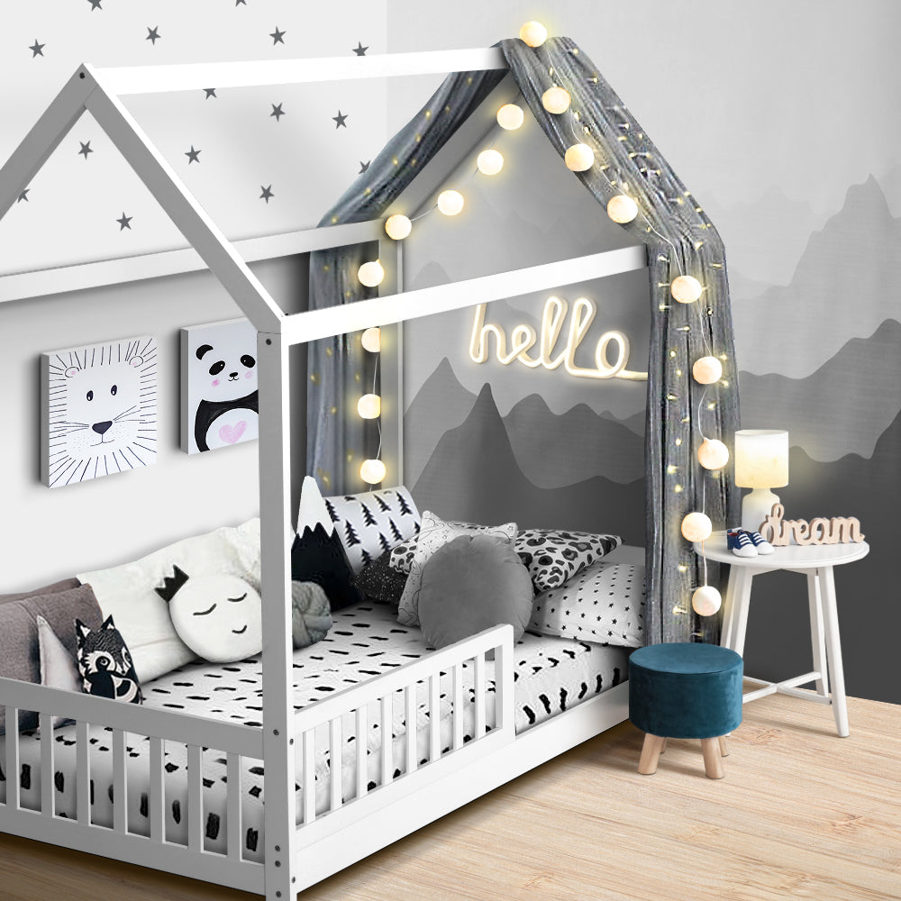 Bed Frame Wooden Kids House Frame White ROCK