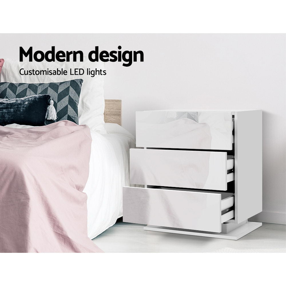 Tables Side Table RGB LED Lamp 3 Drawers Nightstand Gloss White