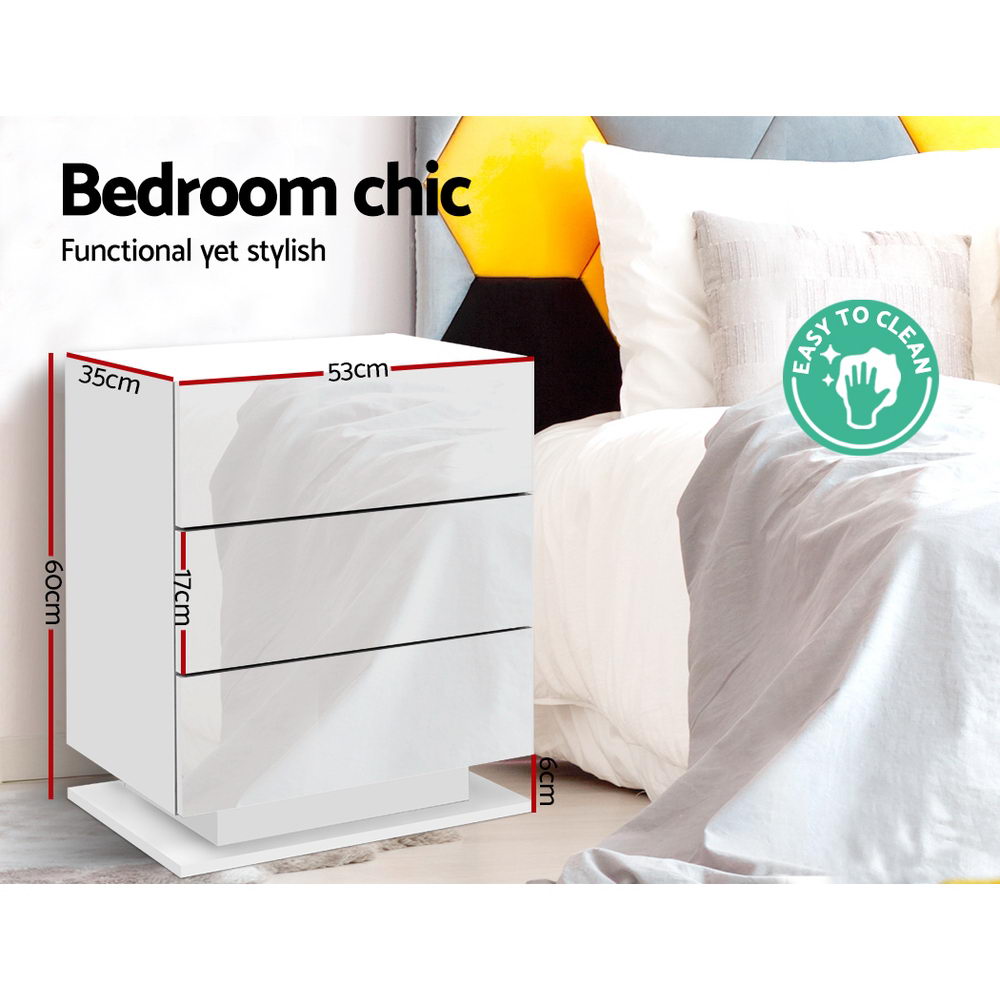 Tables Side Table RGB LED Lamp 3 Drawers Nightstand Gloss White