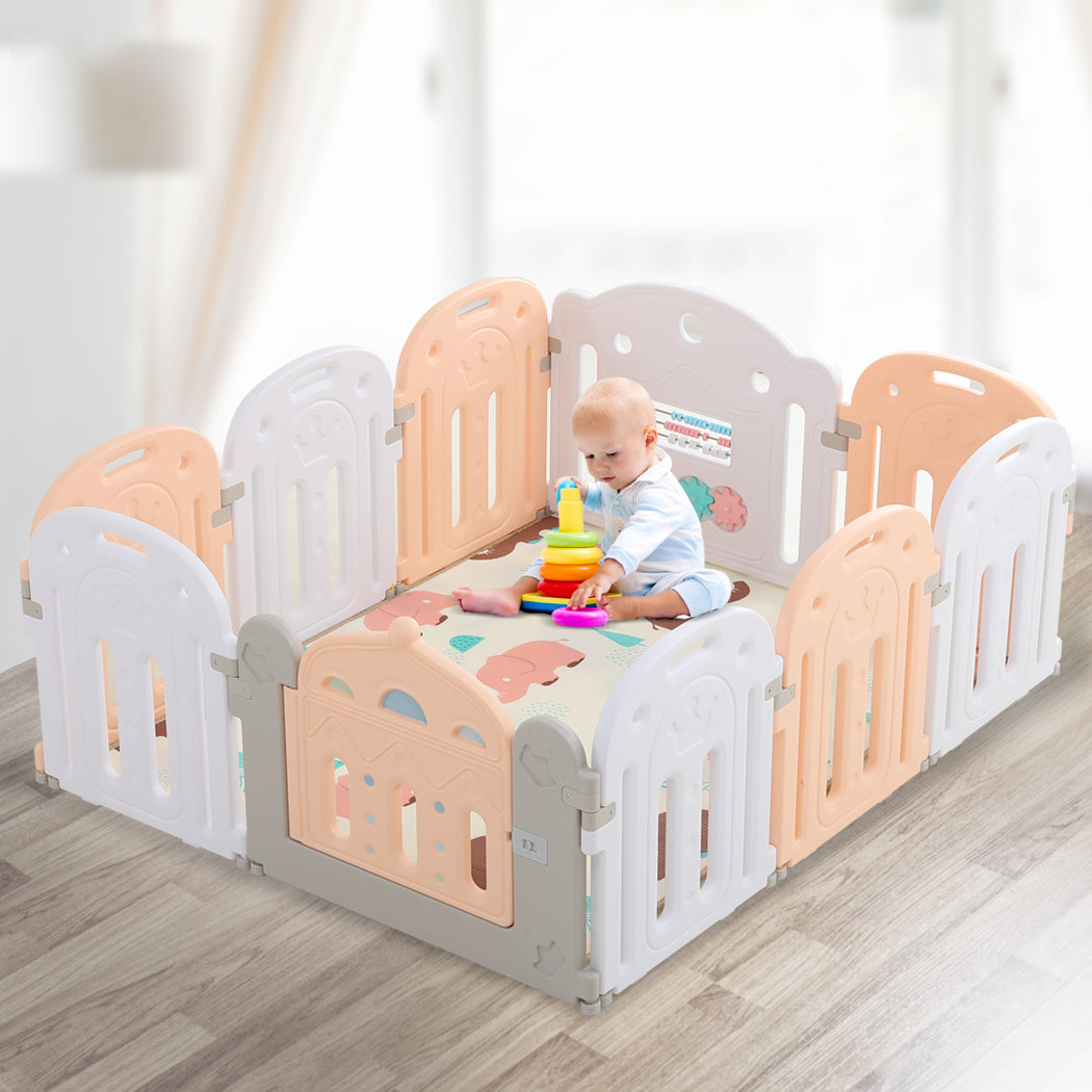 Kids Baby Playpen Safety Gate Toddler Fence - 10 Panel with Music Toy Pink