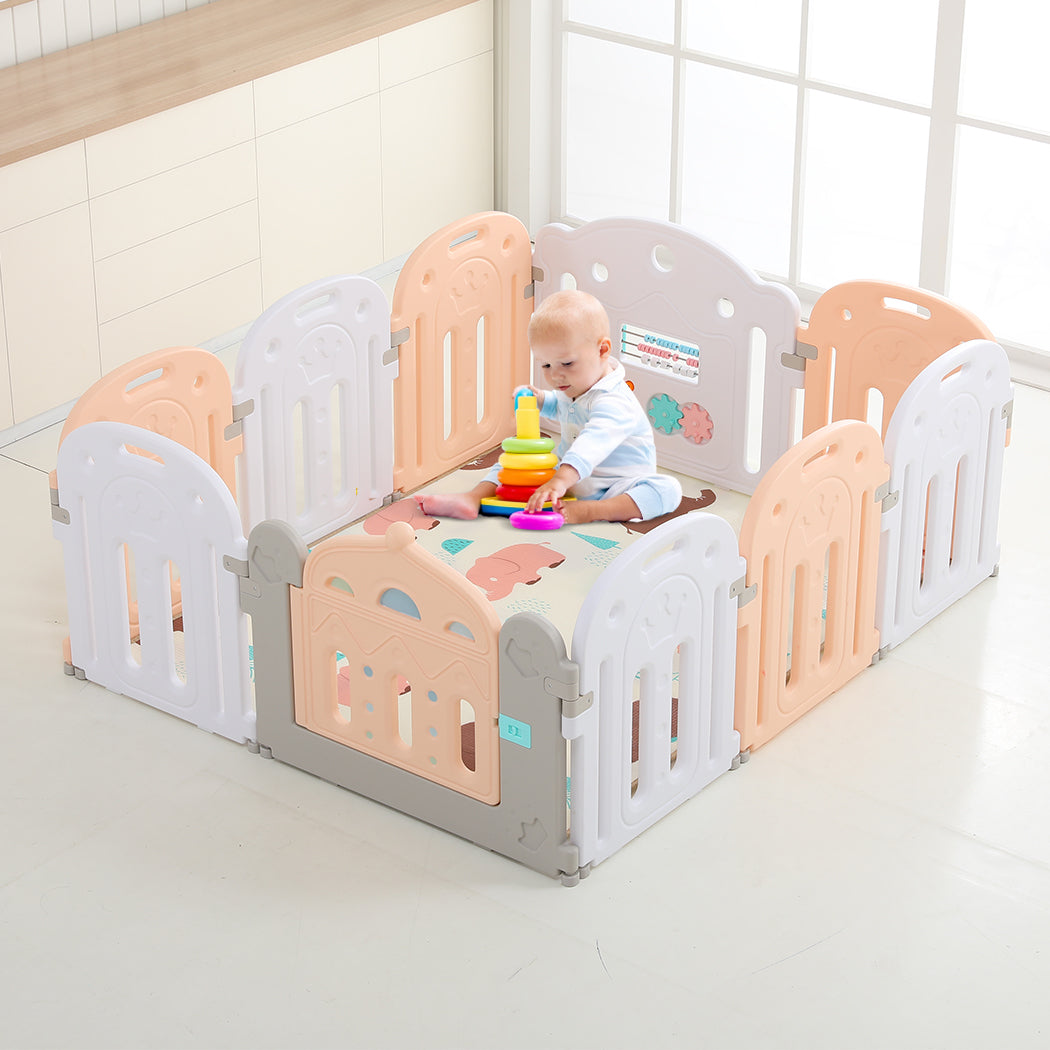 Kids Baby Playpen Safety Gate Toddler Fence - 10 Panel with Music Toy Pink