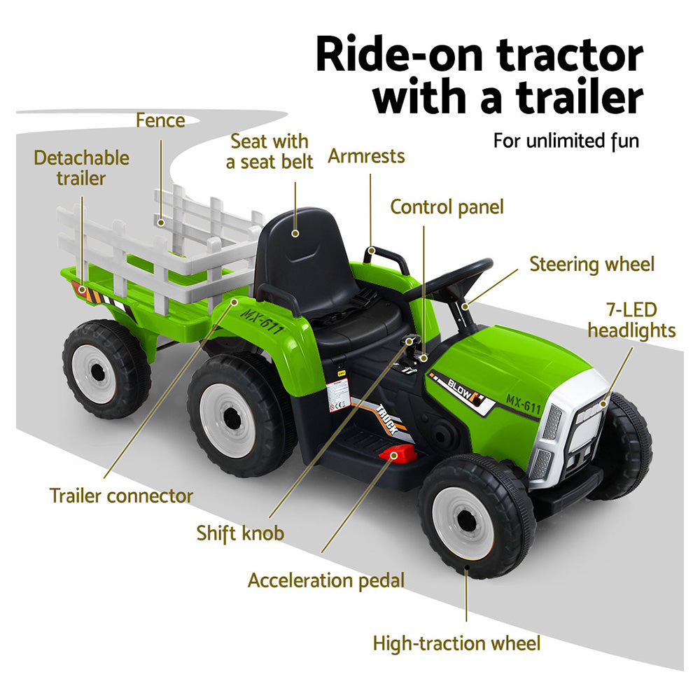 Ride On Car Tractor Trailer Electric Cars 12V Battery Green - SM Everyday Living