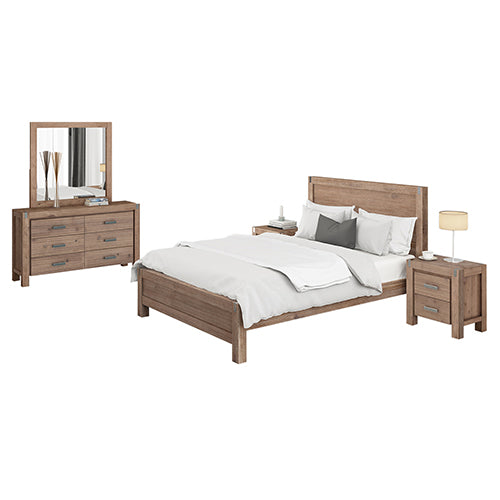 4 Pieces Bedroom Suite in Solid Wood Double Size Oak Colour Bed, Bedside Table & Dresser
