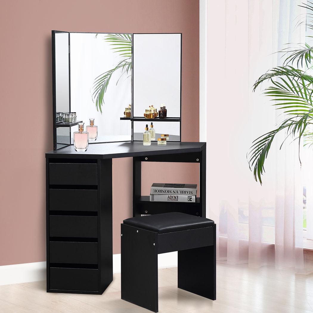 Dressing Table Stool Mirror Jewellery Organiser Makeup Cabinet 5 Drawers
